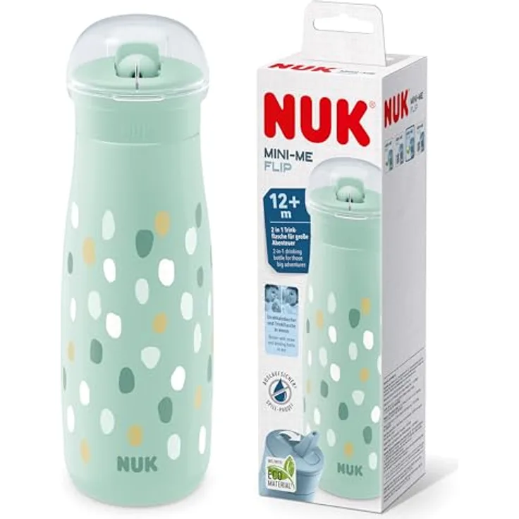 NUK Mini-Me Flip, Kinderwasserflasche mit Strohhalm, auslaufsicher, bruchsicher, 450 ml, Minze/Pünktchen, für Kleinkinder ab 12 Monate