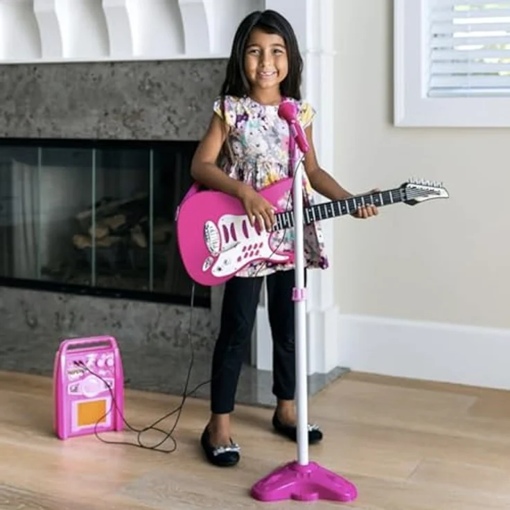 ISO TRADE Spielzeug-Musikinstrument Rosa E-Gitarre mit Mikrofonständer und Verstärker, MP3-Eingang, blinkende Lichter und Lautstärkeregelung, Spar-Set 1-tlg. – Bild 3