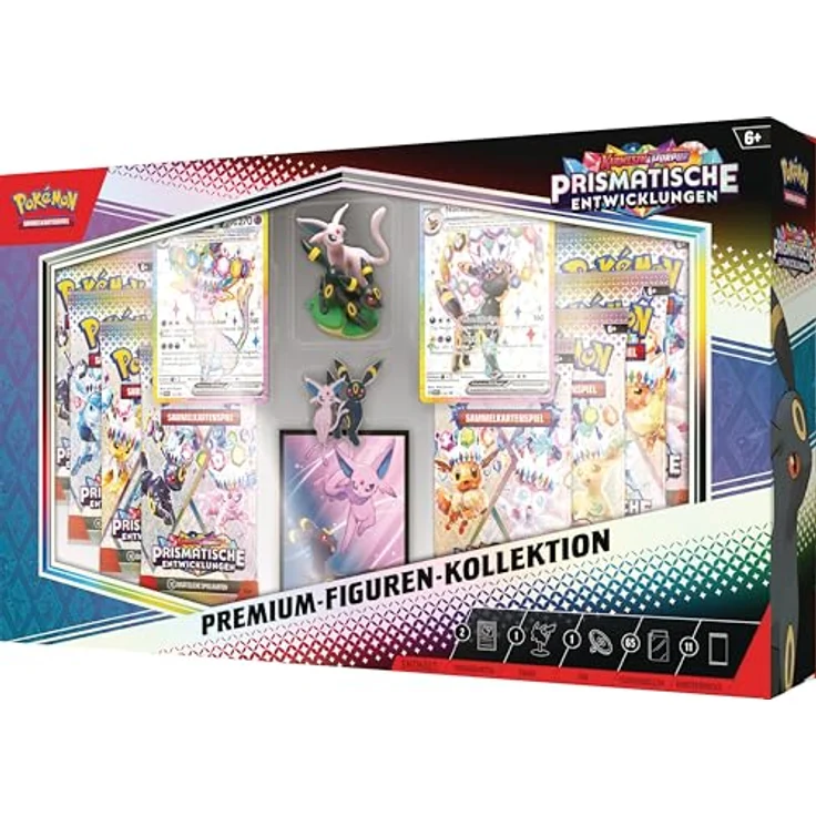 Pokémon Premium-Figuren-Kollektion Karmesin & Purpur – Prismatische Entwicklungen, 2 geprägte holografische Promokarten, 11 Boosterpacks, Figur und Pin – Bild 3