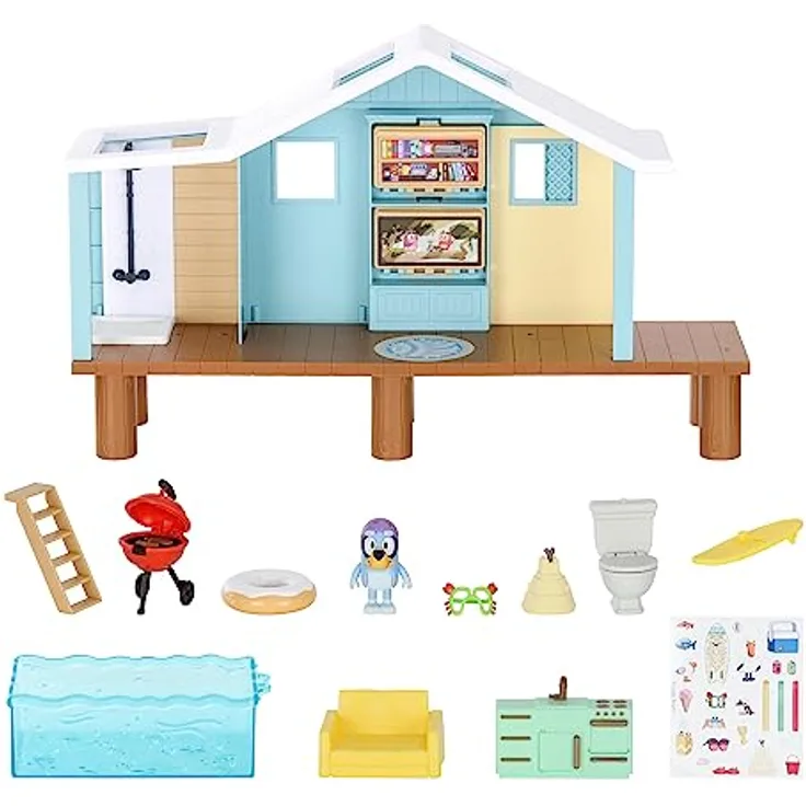 Moose Bluey Beach Cabin Playset, Spielzeughaus mit exklusiver Figur in Schutzbrille, hochwertig verarbeitet