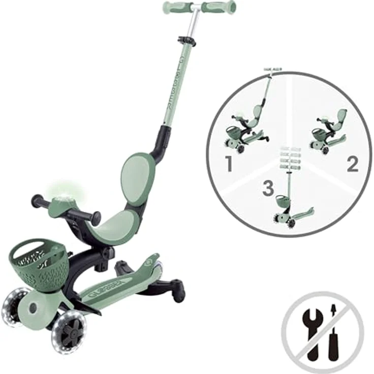 Globber GO-UP Baby Lights 360°, höhenverstellbares Kinderfahrzeug, Tretroller, Dreirad und Laufrad, 3rädrig bis 9 Jahre, bunte LED-Leuchtrollen, salbeigrün – Bild 4