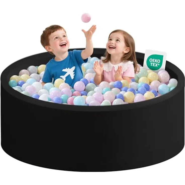 Zedachica Bällebad Baby, Schaumstoff Bällebad für Kinder 120x40 cm, rund, schwarz, für Innen und Außen, ohne Bälle – Bild 1