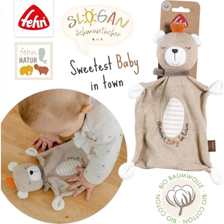 Fehn Schmusetuch Teddy Baby – Spielkamerad mit individuell gesticktem Slogan, 2 in 1 Schnuffeltuch, Bio-Baumwolle, ab 0+ Monaten – Bild 5