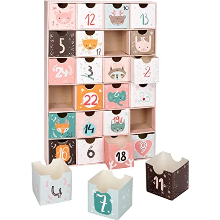 BRUBAKER Adventskalender zum Befüllen - Tierische Weihnachten Rosa - DIY Weihnachtskalender mit 24 Türchen - 32,5 cm groß aus Pappe