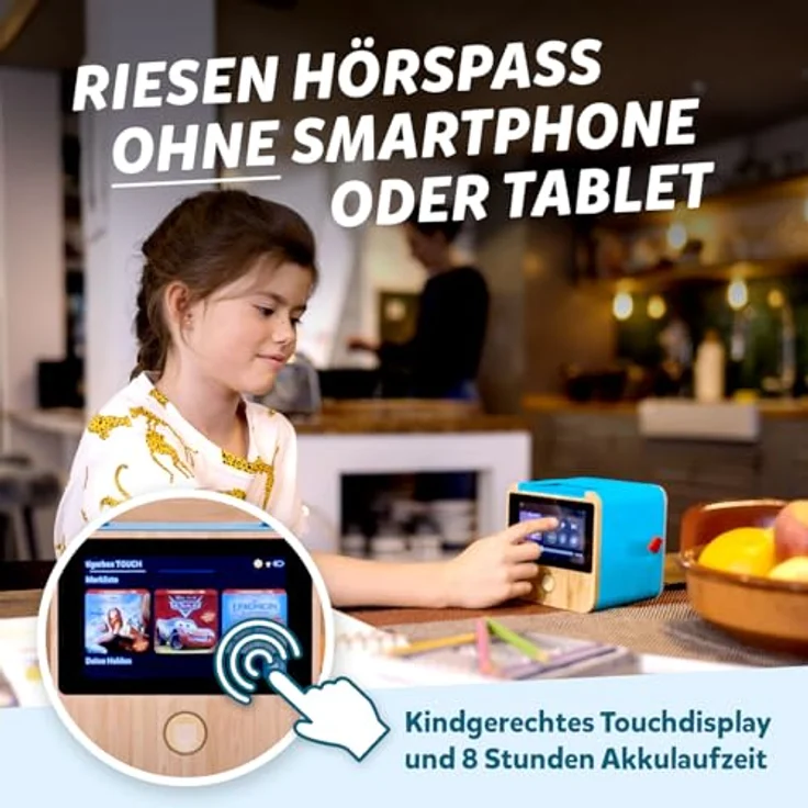 tigermedia tigerbox Touch Plus Miami Sky, Streaming-Hörbox für Kinder mit Farb-Touchdisplay, Stereo-Klang, Nachtlicht, Bluetooth-Kopfhöreranschluss und extra starkem Akku, hellblau – Bild 4
