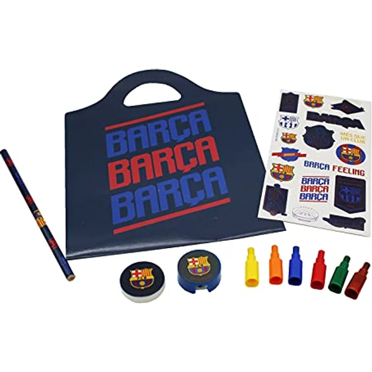 FC Barcelona Kreativset, Schreibset mit Malbuch, 6 Buntstiften, Bleistift, Radiergummi und Aufklebern in praktischer Aktentasche – Bild 1