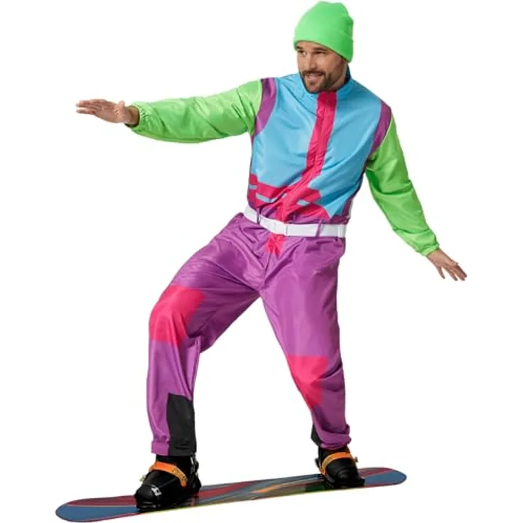 dressforfun Skianzug Herren, Ski Kostüm, Jogginganzug Kostüm Herren, Fasching, 90er Jahre Outfit, Apres Ski, Karneval, Lila, blau, grün, pink - S