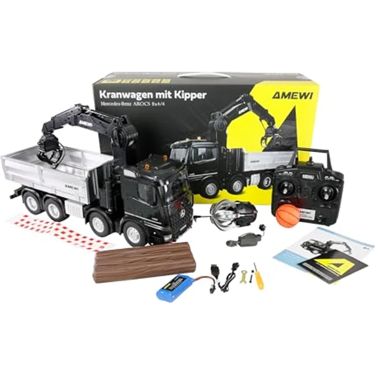 Amewi Mercedes-Benz Arocs Kranwagen mit Kipper 8x4/4 4WD, RTR Ferngesteuert, Metallic-Schwarz, mit Kippfunktion und elektrisch steuerbarem Greifer – Bild 2