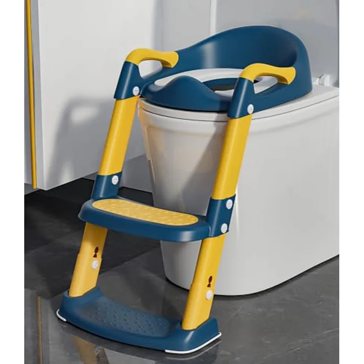 Xespis Kinder Toilettensitz mit Treppe, rutschfeste Toilettenleiter für Kinder, einstellbar und klappbar, Blau/Gelb