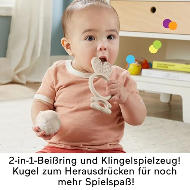 Fisher-Price® Greifspielzeug Geschenkset Sensorische Erlebnisse, 4-teiliges Set mit BPA-freiem Häschen-Beißring, Axolotl, Motten-Rassel und Knittertuch – Bild 3