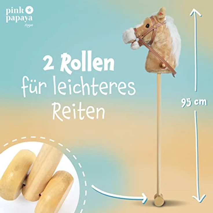 Pink Papaya Steckenpferd, Goldy, süßes Spielzeug Pferd aus Plüsch mit Sound Funktion: Gewieher und Galoppgeräusch - Farbe: beige mit Blonder Mähne – Bild 6