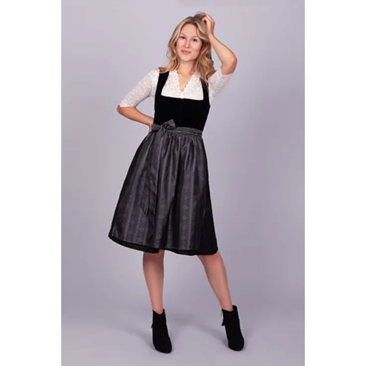 Edelnice Dirndl Midi Evi Samt Schwarz, exquisites Trachtenkleid mit edlem Samtmieder, dunklem Jacquardstoff und schimmernder Schürze – Bild 7