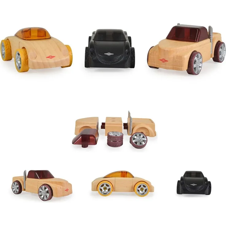 Moni Spielzeugautos 3er Set 53111 Mini, zusammenbaubare Holzautos aus europäischer Buche mit drehbaren Rädern, geeignet für Kinder ab 3 Jahren