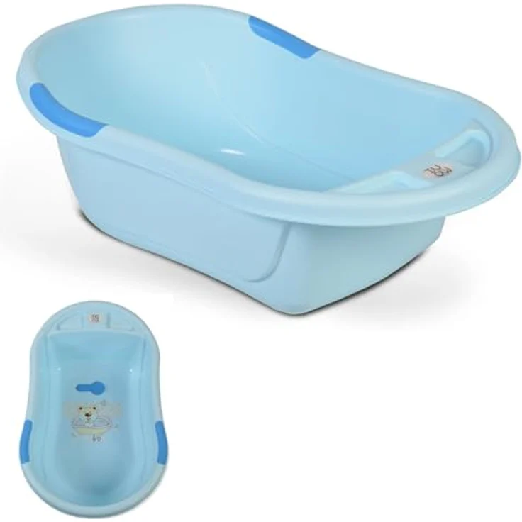 Moni Babybadewanne Lilly platzsparend mit Wasserablauf, Ablagefächer für Zubehör blau – Bild 2