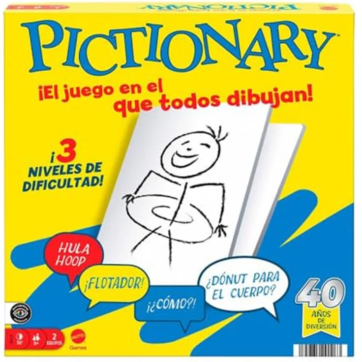 Mattel Games Pictionary Familienbrettspiel, Zeichenspiel für Kinder und Erwachsene, inklusive löschbarem Tintenmarker, Tafeln und Sanduhr, JDY00
