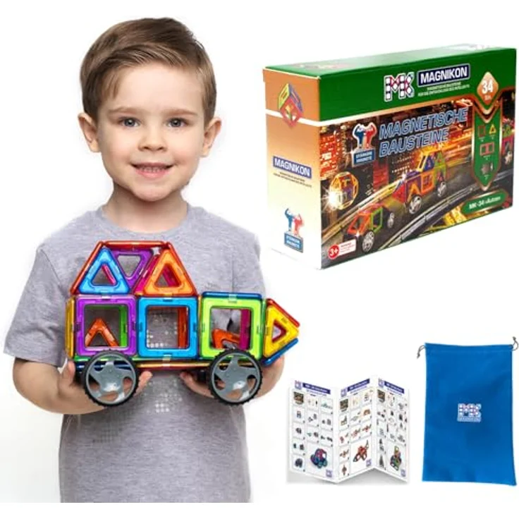 MK MAGNIKON Magnet Bausteine MK-34, Magnetische Bauklötze Set mit 34 Teilen und Rädern, innovatives Konstruktionsspielzeug für Kinder ab 3 Jahren – Bild 1
