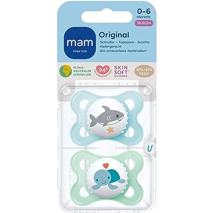 MAM Original Baby Schnuller im 2er-Set, zahnfreundlicher aus nachhaltigen & bio-erneuerbaren Materialien, Sauger aus MAM SkinSoft Silikon, mit Schnullerbox, 0-6 Monate, Hai/Schildkröte – Bild 2