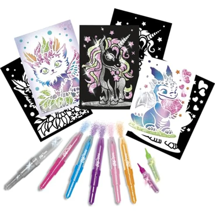 Blopens Kreativset Sprühstifteset X-TRA, Airbrush Effekt mit 6 Fantasietier-Schablonen und Glitzereffekt – Bild 3