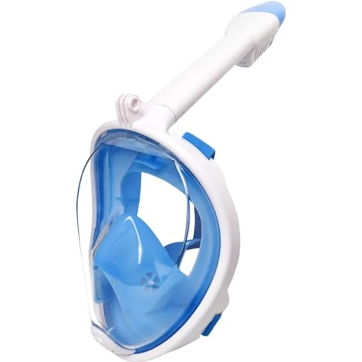 Jsdoin Schnorchelmaske Erwachsene Vollmaske, 180° Sicht mit Panorama-Vollgesichtsdesign, Sportkamera-kompatibel, Weiß Blau, L/XL