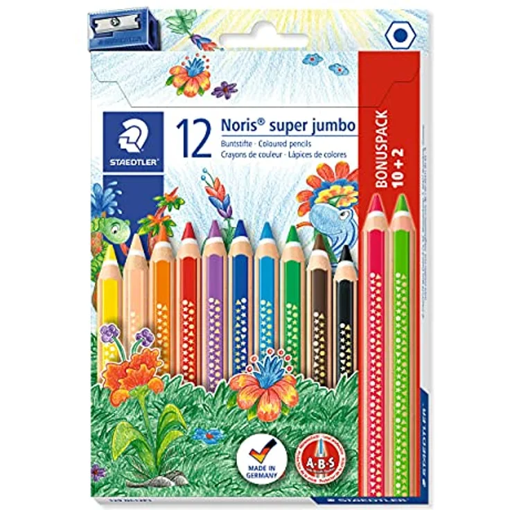 STAEDTLER Buntstift Noris super jumbo, erhöhte Bruchfestigkeit, Sechskantform, ABS-System, attraktive Sternchenprägung, Set mit 12 brillanten Farben und einem Spitzer, 129 NC12P1, 12 Stück (1er Pack)