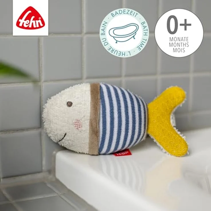Fehn Badetier Fisch – Badeschwamm für Babys, weiches Material & fröhlicher Spielspaß, 16cm, Frottee/Velours, blau – Bild 3