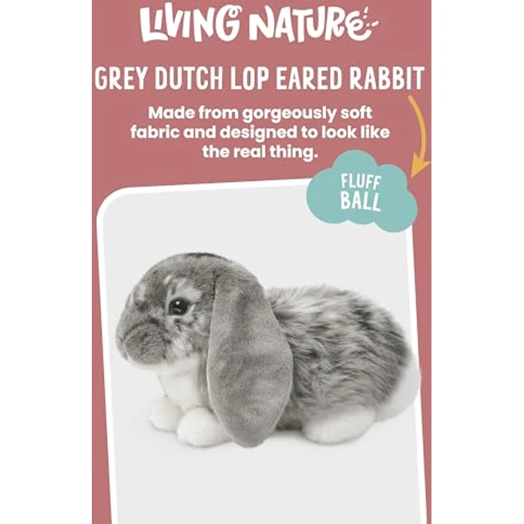 Living Nature Graues holländisches Lop Eared Hase Stofftier, 26 cm großes, flauschiges Kaninchen-Plüschtier aus umweltfreundlichen Materialien, Geschenk für Kinder – Bild 2