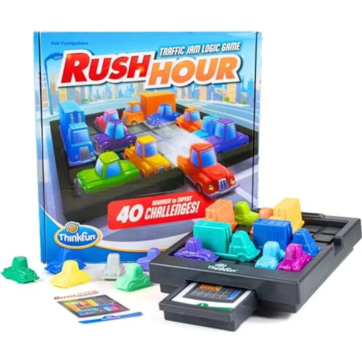 ThinkFun Rush Hour, Logikspiel mit 40 Herausforderungen, für 1 Spieler ab 8 Jahren, inklusive rotem Auto und blockierenden Fahrzeugen – Bild 1