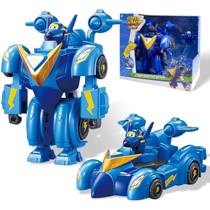 Super Wings Super Robot Suit Jerome, 18 cm verwandelbare Spiel-Figur, 2-in-1 Roboter Anzug und Super Auto, blau – Bild 1