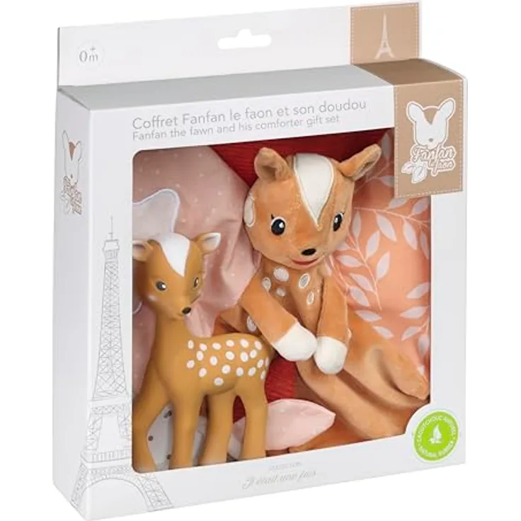Vulli Fanfan-Set Rehkitz und Schmusetuch, multisensorisches Babyspielzeug aus Naturkautschuk mit Schnullerbefestigung, Geschenkidee zur Geburt, Kollektion Es war.