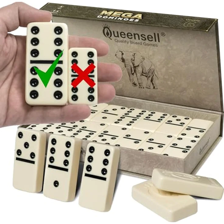 Queensell Mega Großes 3"-Domino-Set für Erwachsene und Kinder, Doppel-6 Domino-Klassiker mit 28 Steinen und eleganter Geschenkbox – Bild 1