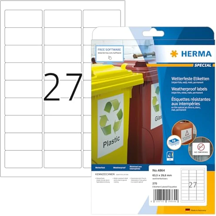 HERMA 270 Folienetiketten 4864, wetterfest, weiß, 63,5 x 29,6 mm, selbstklebend, blanko – Bild 1