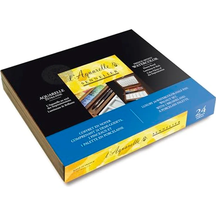 Sennelier L'Aquarelle Wood Watercolor Set, 24 Half Pans, inklusive Porzellanpalette und Pinseln Größe 2 und 3 – Bild 4