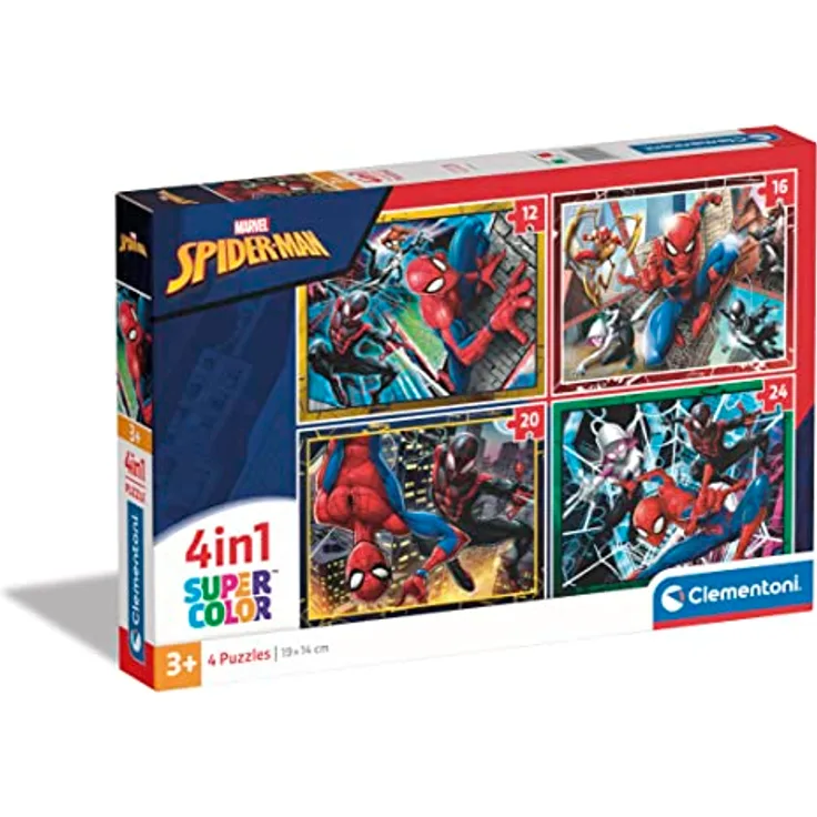 Clementoni Supercolor Puzzle 4 In 1 - Marvel Spiderman - Buntes Kinderpuzzle Mit Besonderer Leuchtkraft, 12,16,20,24 Teile Ab 3 Jahren