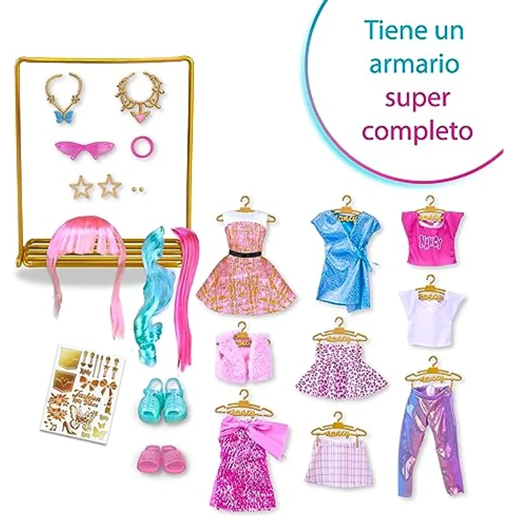 NANCY - Looks Dressing Room, Glamouröser Puppenschrank, 8 Kleider und 8 Accessoires, Spielzeugschuhe, Personalisiertes Stickerset, Jungen und Mädchen ab 3 Jahren, Famosa (NAC48000) – Bild 4