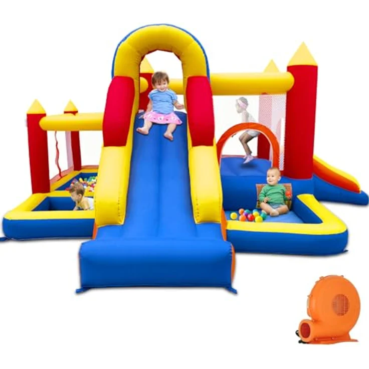 Ballsea Hüpfburg XXL mit Gebläse, Sicherheitsnetz, Rutsche und EN71 Zertifizierung für Kinder von 3-8 Jahren, bis 160 kg Belastung – Bild 1
