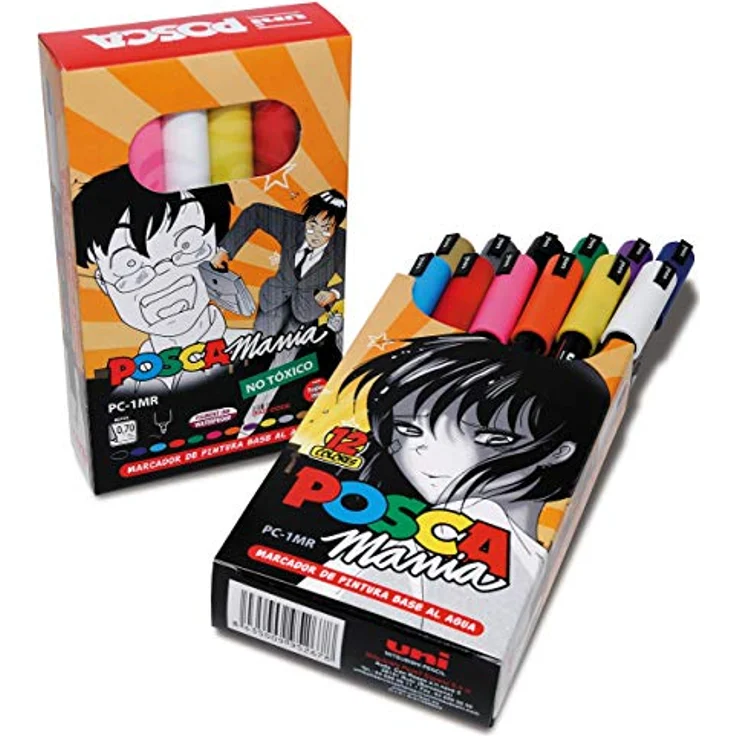 POSCA Uni Posca spro0607, 12 Marker Pack mit 1 mm Metallspitze, wasserbasierte Farben für glänzende Oberflächen