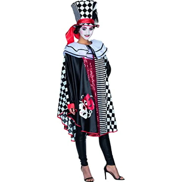 Metamorph Pierrot Cape, Knielanger Poncho mit Tüllkragen, schwarz-weiß-rot