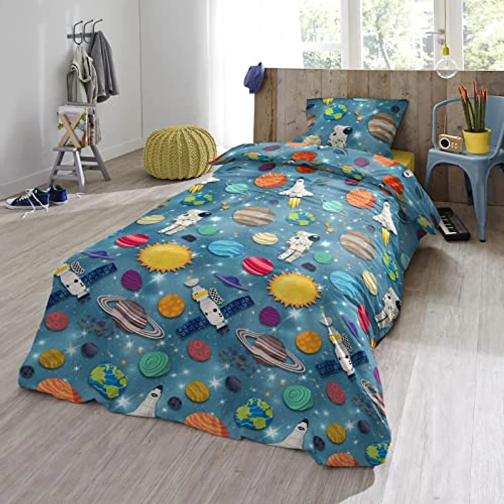 ESPiCO Bettwäsche Trendy Bedding Spaceworld Weltraum Astronaut Rakete Erde Saturn Sterne Flanell, 135 cm x 200 cm, für Kinder und Jugendliche in blau – Bild 5