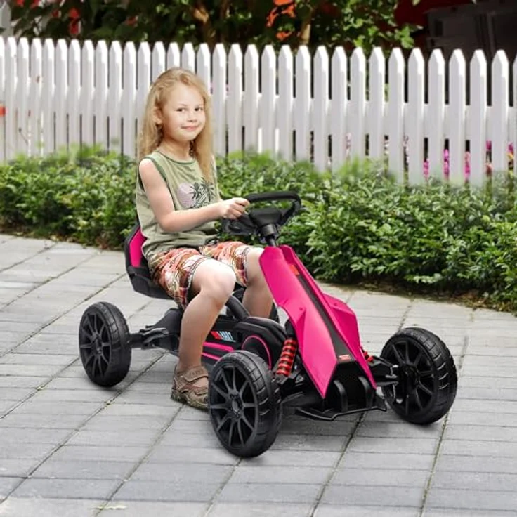 HOMCOM Go-Kart Kinderfahrzeug mit verstellbarem Sitz, Tretfahrzeug, Tretauto mit Handbremse, Kinderspielzeug - Rosa – Bild 2