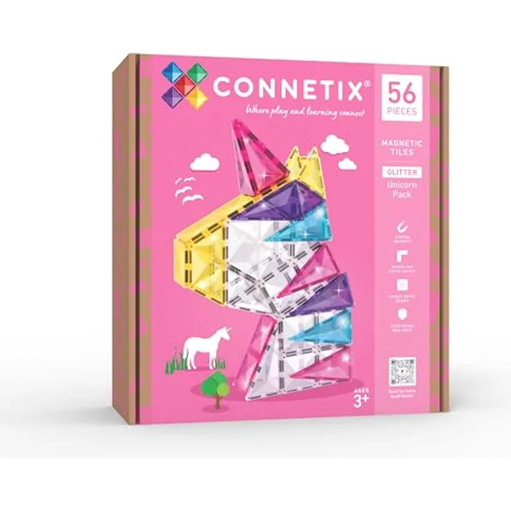 CONNETIX Glitzer-Einhorn Magnetische Fliesen, 56 Stück mit schillerndem Glitzer