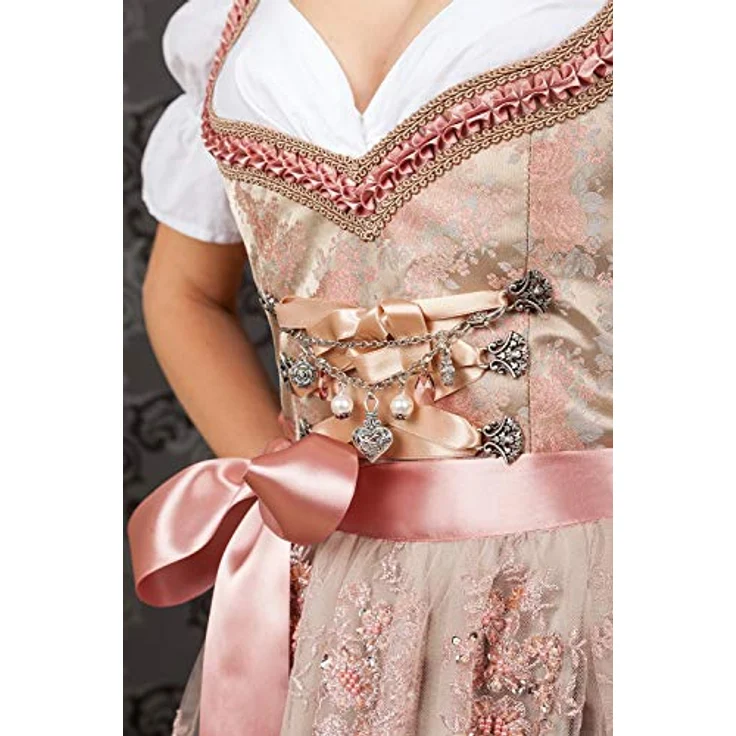 Edelnice Dirndl Rosalie, goldenes Brokatstoff Dirndl mit rosé farbenen Rosenmuster – Bild 5