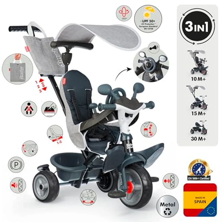 Smoby Baby Driver Tricycle Grey, Buggy und Dreirad in einem, innovatives Lenksystem, Sicherheitsausstattung abnehmbar – Bild 2