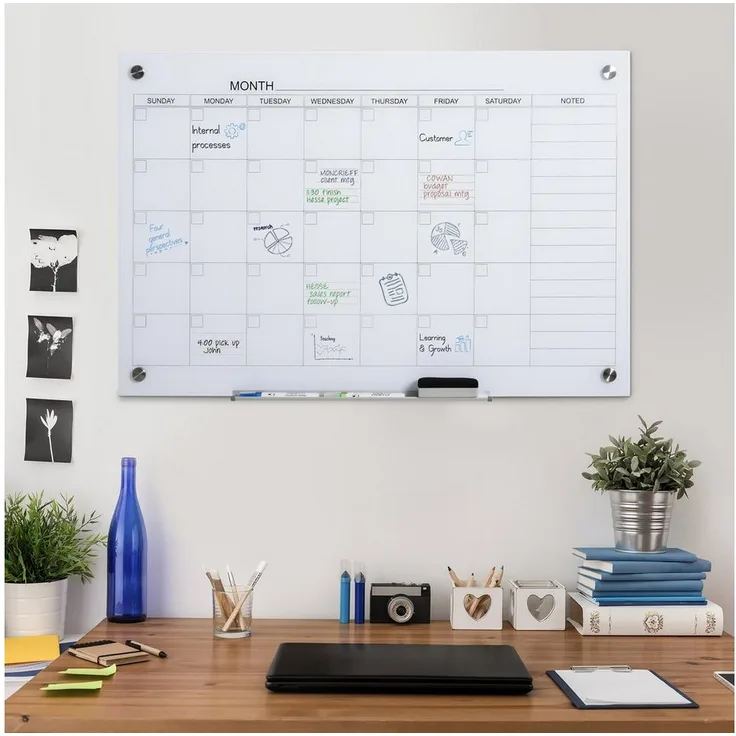 Vinsetto Kalendertafel, Memoboard 90x60 cm aus Glas, inkl. 1 Stifthalter, 4 Marker & Radierer, weiß, ideal für Ferienpläne und Monatsplanungen