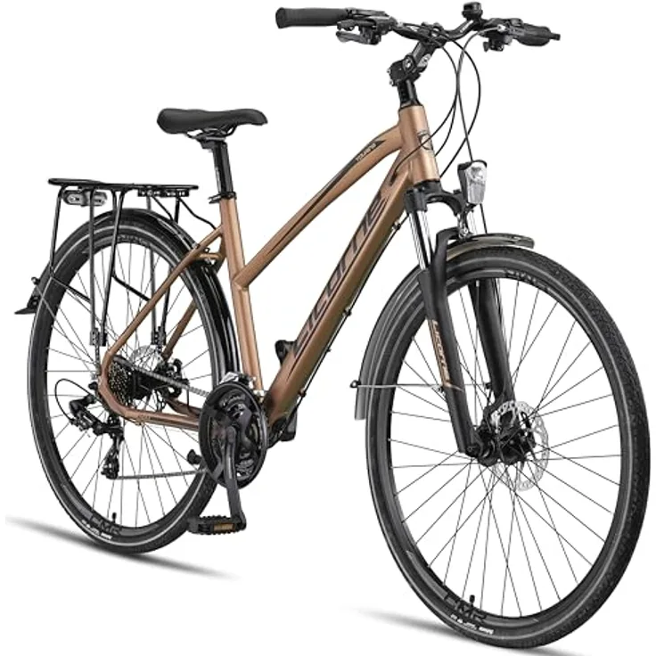 Licorne Bike Premium Touring Trekking Bike in 28 Zoll Aluminium Scheibenbremse Fahrrad für Jungen, Mädchen, Damen und Herren - 21 Gang-Schaltung - Mountainbike - Crossbike (Damen, Gold)