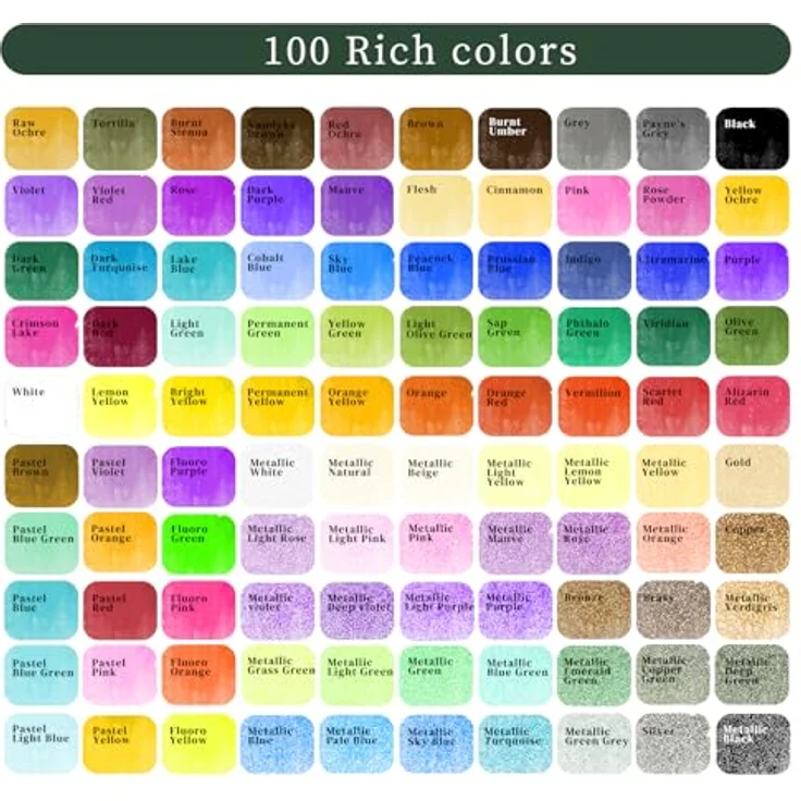 Artecho Aquarellfarben Set 100 Farben, Tragbare Box mit Pinsel, Aquarellpapier, fluoreszierenden, metallic und klassischen Farben für Künstler und Hobbymaler – Bild 2
