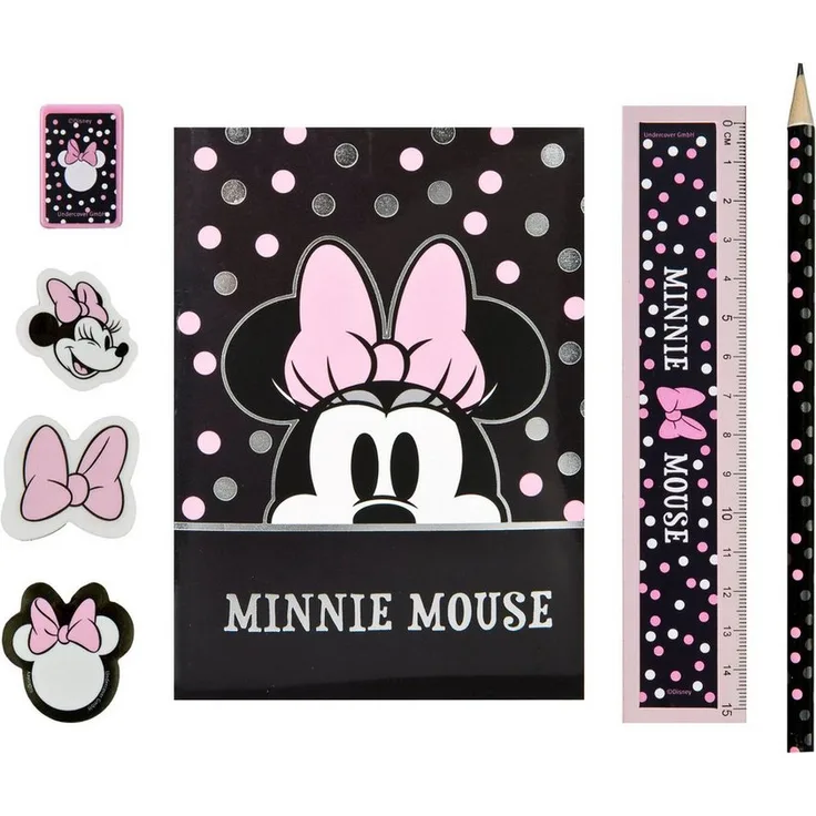 Disney Minnie Mouse Federmäppchen, gefüllt mit 7 Teilen für Schule und Freizeit, mehrfarbig, 20,5 × 17 × 2 cm