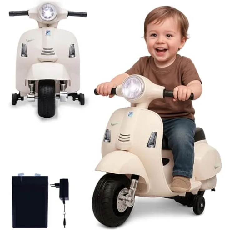 JAMARA Ride-on Vespa Mini, Elektrofahrzeug für Kinder ab 18 Monaten, weiß, 8.4V Li-Ion Akku, mit LED Scheinwerfern und Kippschutz
