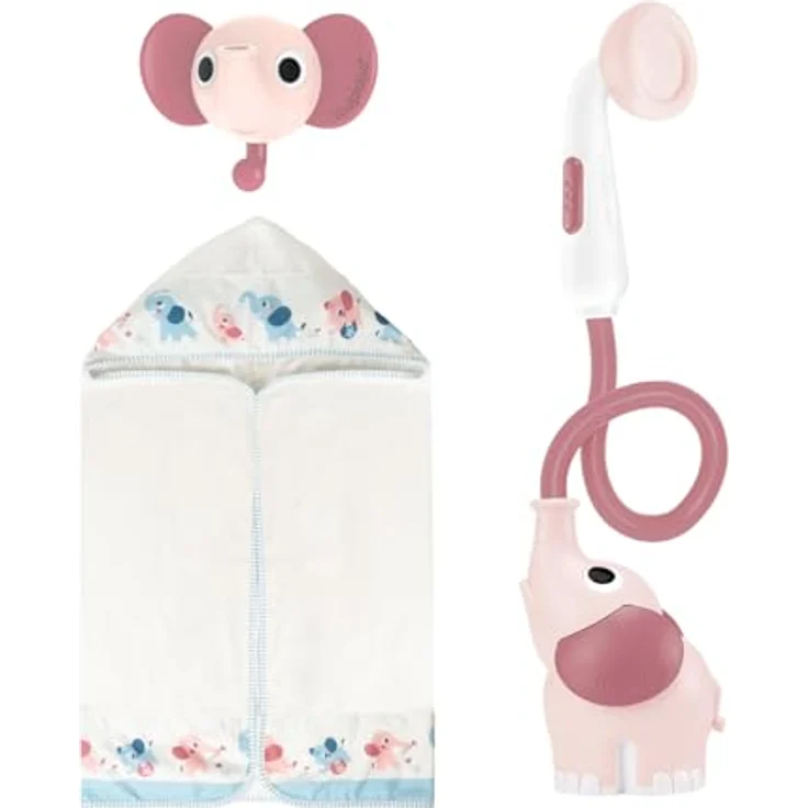 Yookidoo Duschkopf für Baby-Badewanne, Elefanten-Wasserpumpe mit Stammauslauf, 2-Tasten-Wasserflusskontrolle, für Neugeborene, Blush Pink – Bild 1