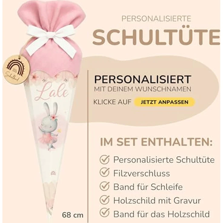 Kidsmood personalisierte Schultüte, inkl. Rohling, Filz-Stoff & Holzschild, Zuckertüte für Einschulung 2026 - Ballett Hase (Rosa) – Bild 4