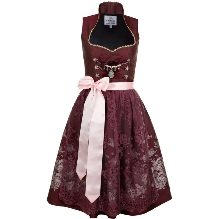 Edelnice Dirndl Stella, Damen Dirndl in satt dunkelrotem Brokatstoff mit Stehkragen